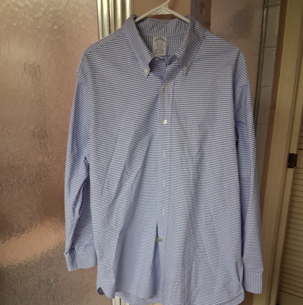 Brooks Brothers Blue Gingham Dress Shirt 17.5 34 Just Starched Cotton